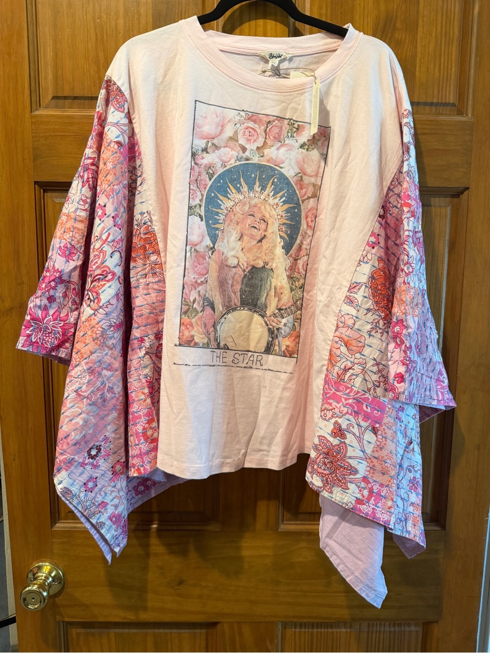 NWT! Blue Velvet Boho Pink Graphic Dolly Parton Tunic Floral Patchwork Sleeves